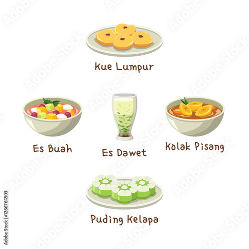 Indonesian Iftar food(takjil) vector. Mud cake (kue lumpur), dawet (cendol), coconut pudding, mix fruit with ice (es buah), banana compote (kolak pisang).