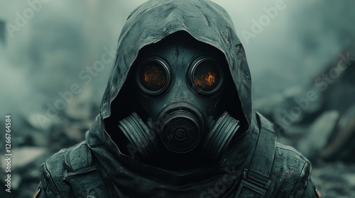 Post-Apocalyptic Soldier in Gas Mask Amidst Wreckage in Cyberpunk Style