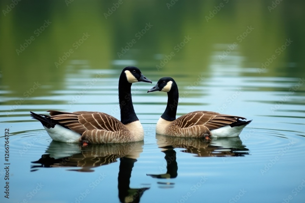 Geese paddling peacefully on calm lake surface, wild, wildlife, calm Geese paddling peacefully on calm lake surface, wild, wildlife, calm