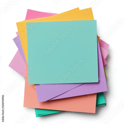 Colorful stack of square sticky notes in pastel shades arranged neatly, evoking creativity and organization photo