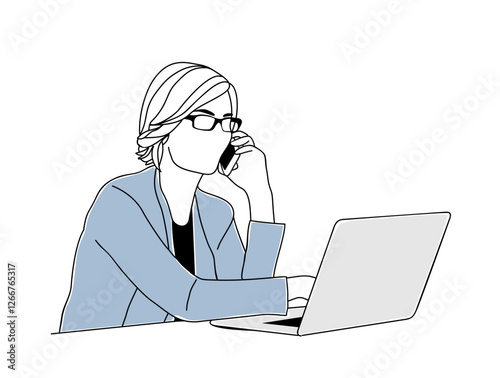 Business woman talking on mobile phone while sitting at the desk with a laptop. Pretty girl wearing glasses and casual office outfit. Entrepreneur, manager, secretary. Vector outline colored drawing.