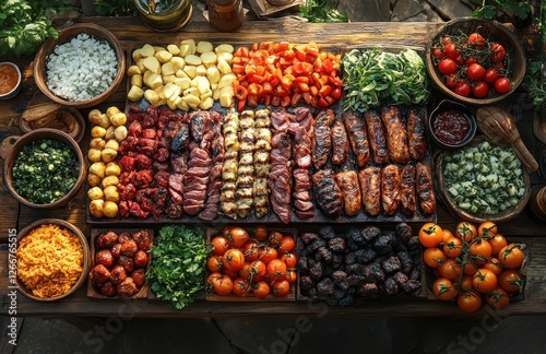 Barbecue Party with Friends Grilling Meat and Vegetables in a Rustic Garden Setting photo