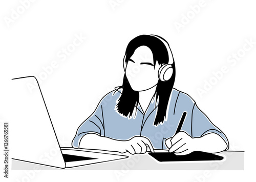 A woman graphic designer sitting at a desk with laptop, tablet and pen. Girl wearing headphones, drawing at tablet and looking to computer screen. Vector outline colored drawing isolated