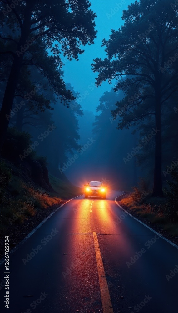Obraz premium Headlights cut through darkness, illuminating winding road and trees , landscape, route, night