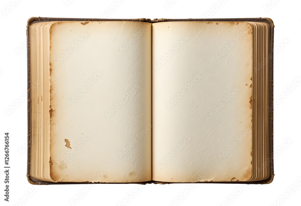Fototapeta premium Open vintage blank book mockup featuring worn paper pages, isolated on a transparent background. Flat lay png, cutout. AI Generated