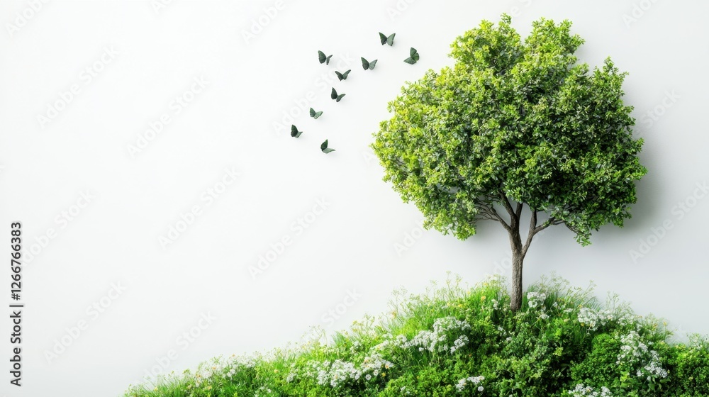 Obraz premium Tree with colorful butterflies fluttering around in a natural outdoor setting during daytime