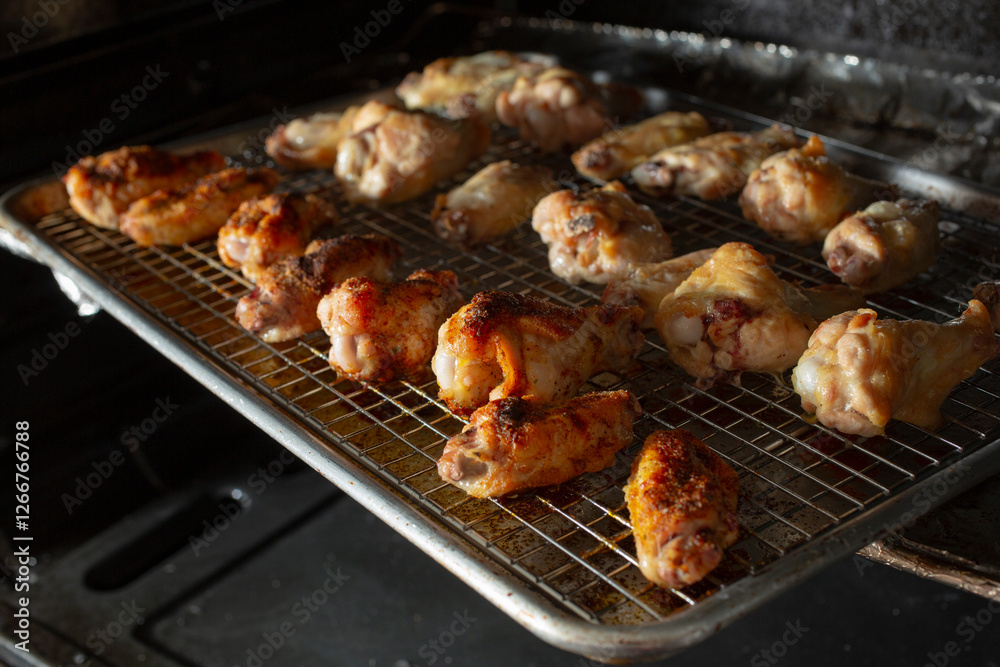A view of dry rub chicken wings cooking in the oven. A view of dry rub chicken wings cooking in the oven.
