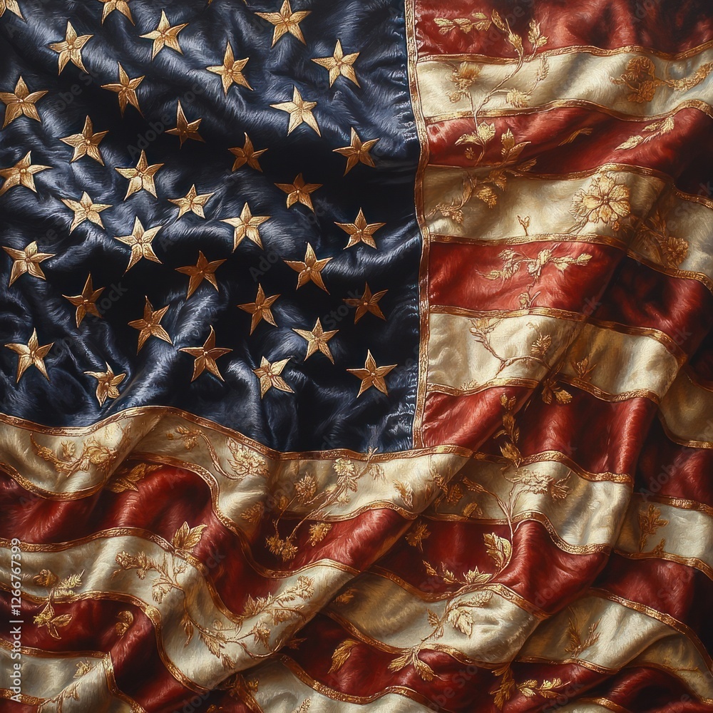 Naklejka premium American Flag Draped Stage Backdrop Hyper-Realistic Illustration Flowing Stripes and Stars