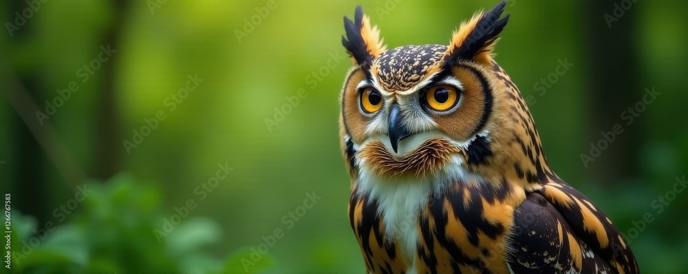 Fototapeta premium Majestic owl, vibrant yellow eyes, blurred green foliage, beauty, focus, yellow