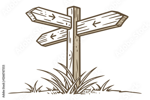  Wooden signpost, rustic directional arrows, weathered wood texture, natural grain patterns, outdoor wayfinding, multiple directions, minimalist design, earthy tones, isolated on white background, d