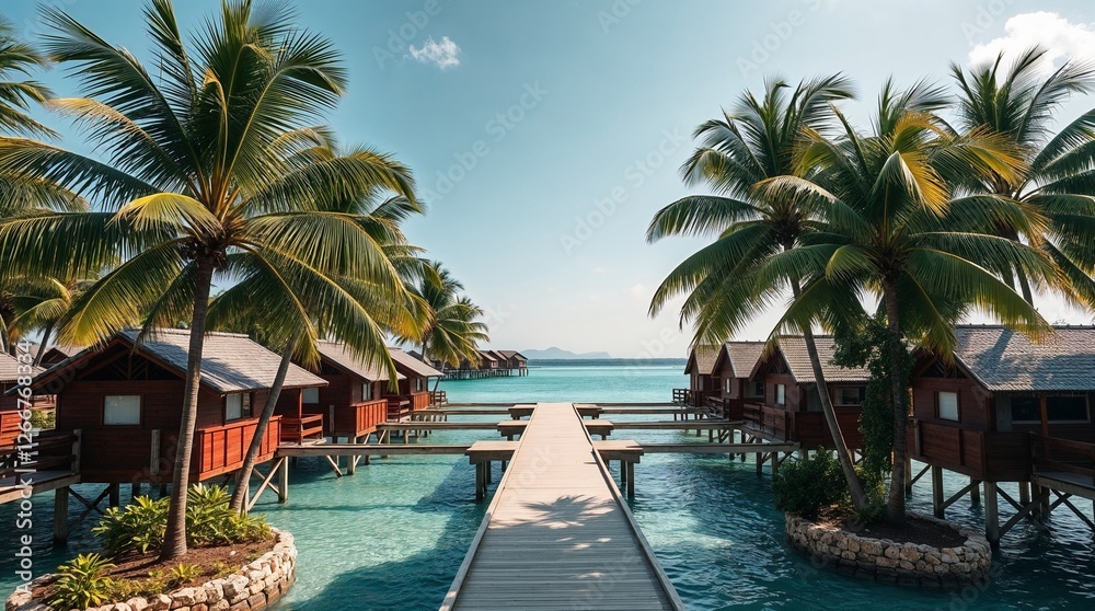 Fototapeta premium A beautiful tropical resort with a wooden walkway leading to the ocean, surrounded by lush palm trees and luxurious overwater bungalows, creating a dream spring break setting.