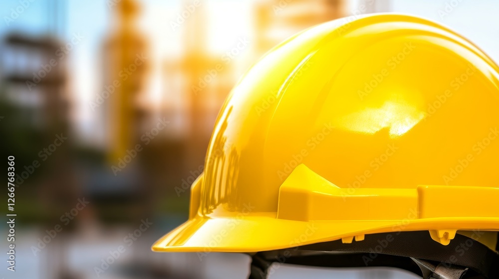 Close-up of a yellow hard hat against a blurred construction site at sunset Close-up of a yellow hard hat against a blurred construction site at sunset
