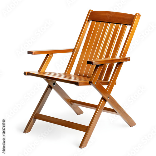  A wooden folding chair with a traditional design. The chair has slatted back and seat, and it is depicted against a plain background.