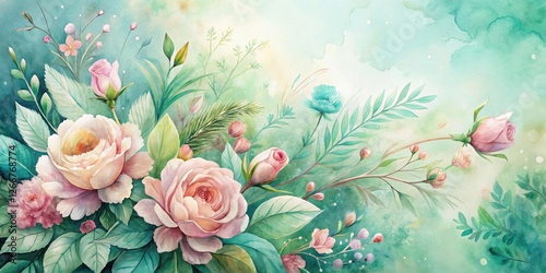 Serene Watercolor Roses and Delicate Floral Arrangement on a Soft Teal Background