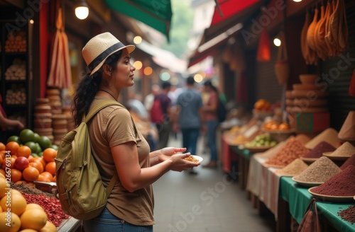 Wallpaper Mural Asian female tourist in outdoor market browsing fresh produce and spices Torontodigital.ca