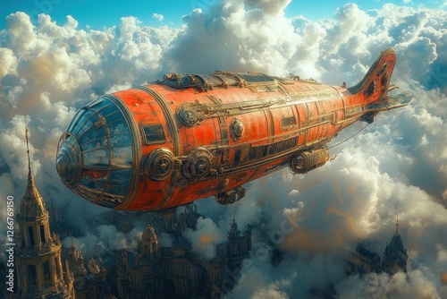 Wallpaper Mural Whimsical Steampunk Airship Soaring in Bright Blue Sky with Intricate Architecture and Dynamic Composition Torontodigital.ca