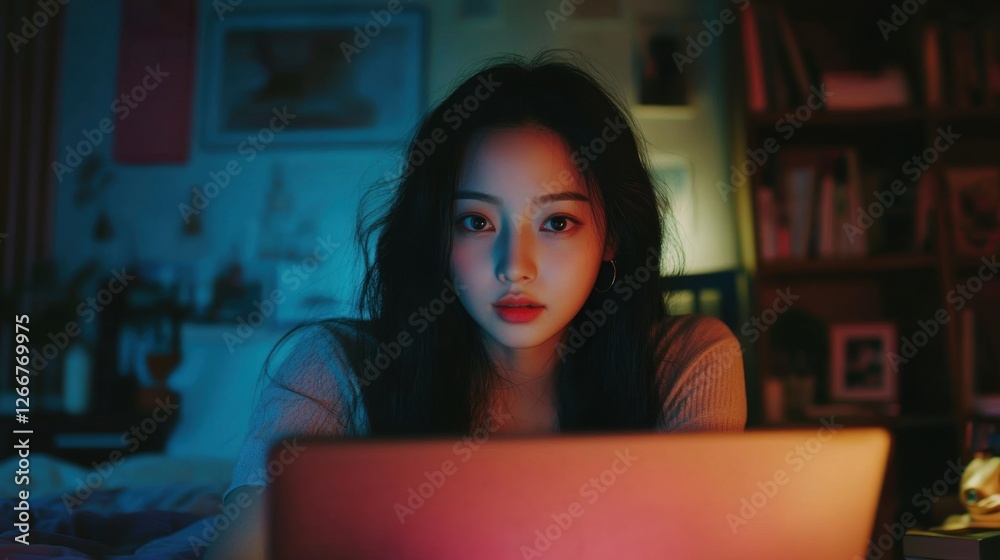 young woman using laptop at night in bedroom young woman using laptop at night in bedroom