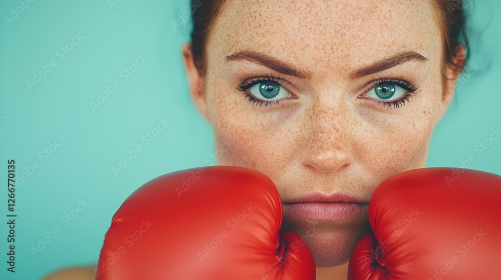 Close-Up Portrait of a Confident Woman in Red Boxing Gloves Close-Up Portrait of a Confident Woman in Red Boxing Gloves