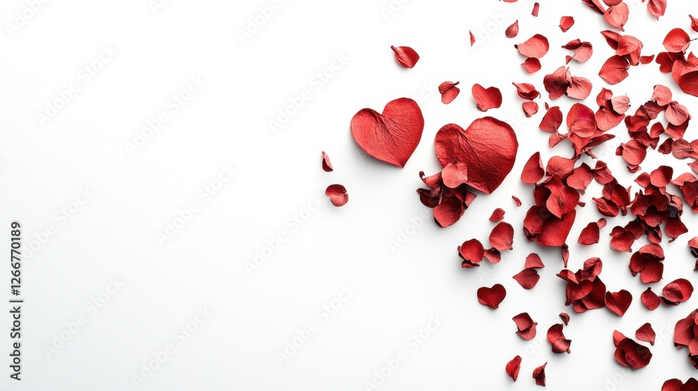 A collection of red rose petals scattered on a clean white background for decorative purposes A collection of red rose petals scattered on a clean white background for decorative purposes