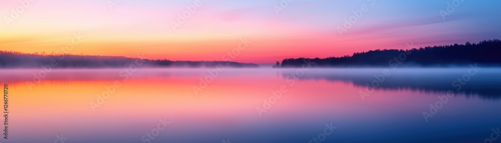 A serene sunrise over a calm lake, reflecting vibrant hues of orange, pink, and blue against a misty landscape. A serene sunrise over a calm lake, reflecting vibrant hues of orange, pink, and blue against a misty landscape.
