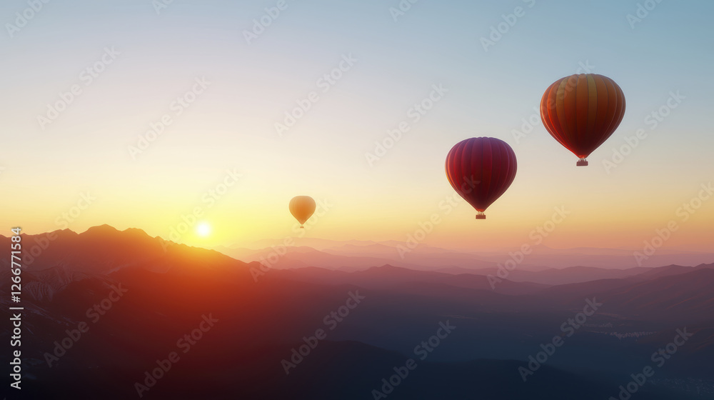 Fototapeta premium Breathtaking hot air balloons soar above mountains at sunrise, creating serene landscape
