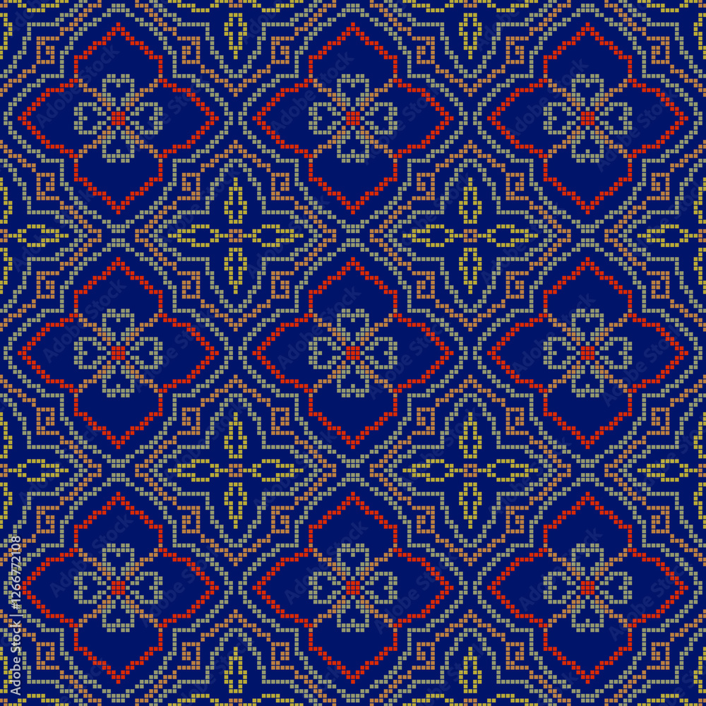 Seamless fabric pattern with four petal pixel flowers in a red frame alternating with yellow flowers in a brown diamond frame on a dark blue background. Seamless fabric pattern with four petal pixel flowers in a red frame alternating with yellow flowers in a brown diamond frame on a dark blue background.