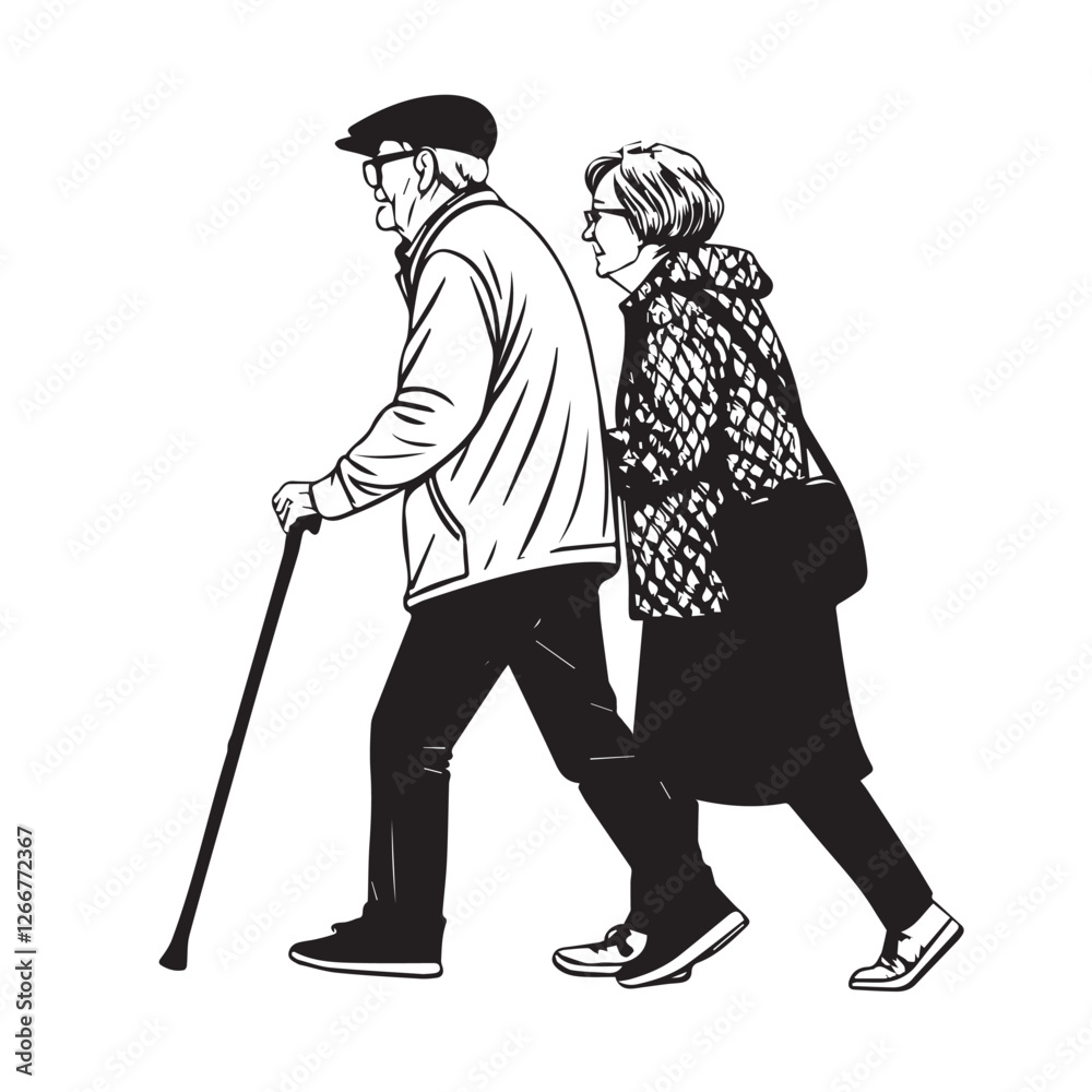 An old couple is walking with a cane vector An old couple is walking with a cane vector