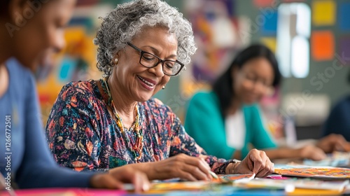 Joyful senior woman engaging in arts and crafts with friends