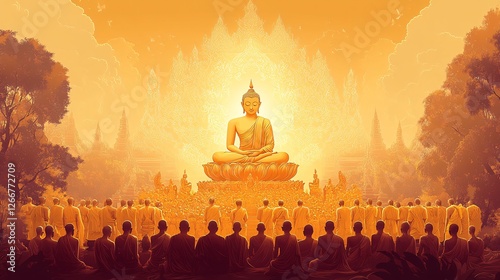 Serene Golden Buddha Surrounded by Devotees in Tranquil Setting