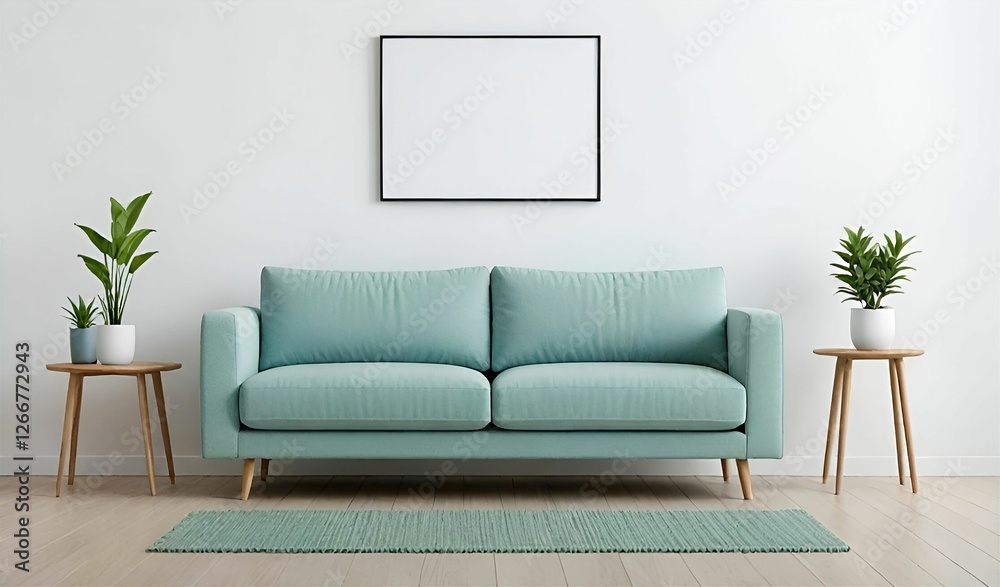 This image depicts a minimalist living room with a light blue sofa and a green rug on a light wooden floor. A white frame hangs on the plain white wall above the sofa. This image depicts a minimalist living room with a light blue sofa and a green rug on a light wooden floor. A white frame hangs on the plain white wall above the sofa.