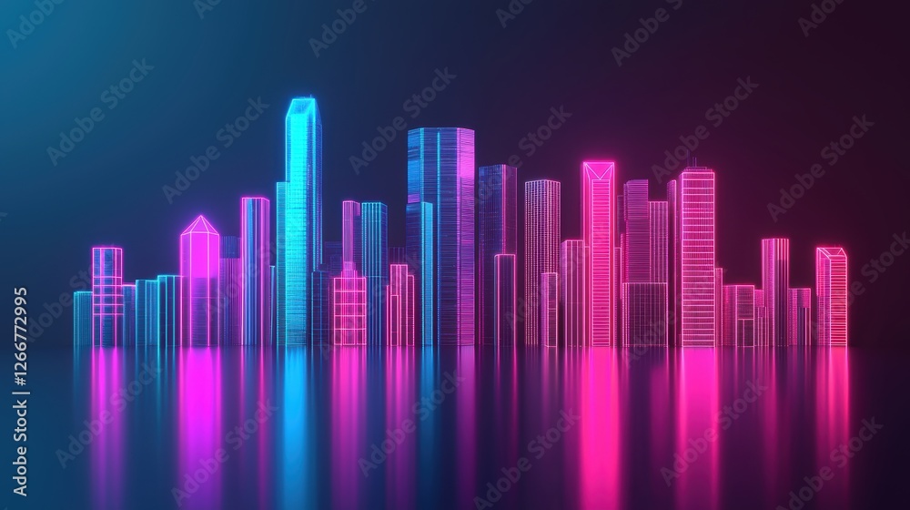 A vibrant, stylized city skyline illuminated with neon lights in blue and pink hues against a dark background.