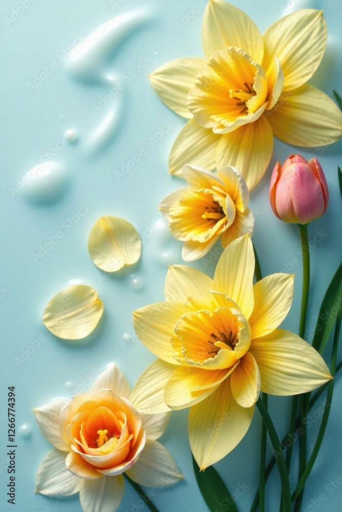 Fototapeta premium Swirling petals of daffodils, tulips, and roses in milky liquid, dreamy scene, orange, abstract art