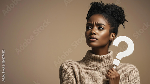 Confident Black woman holding a question mark symbolizing identity exploration photo