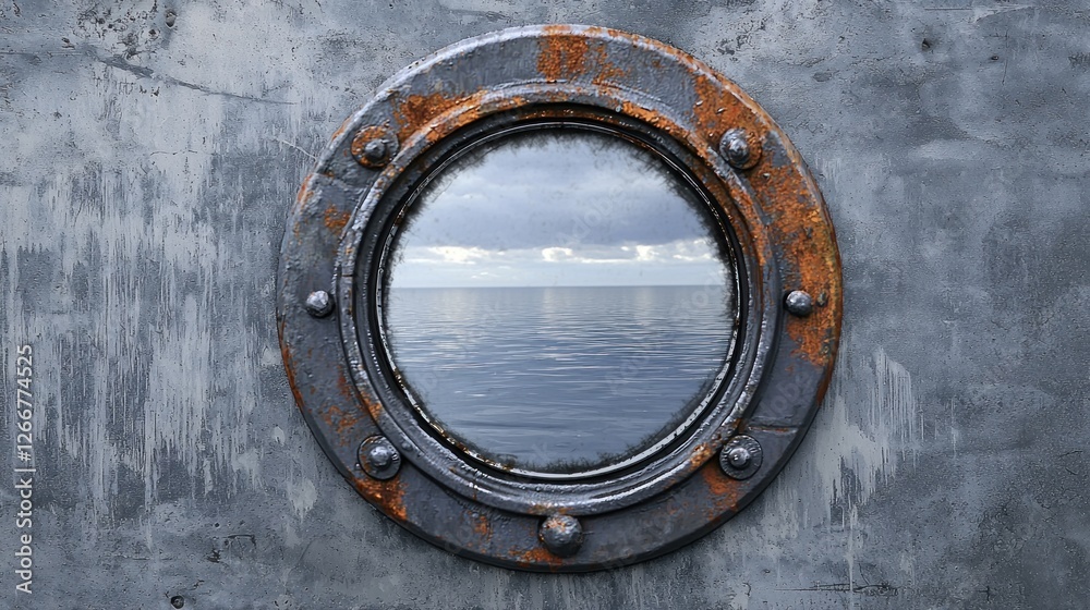Rusty porthole on a weathered wall with sea view Rusty porthole on a weathered wall with sea view