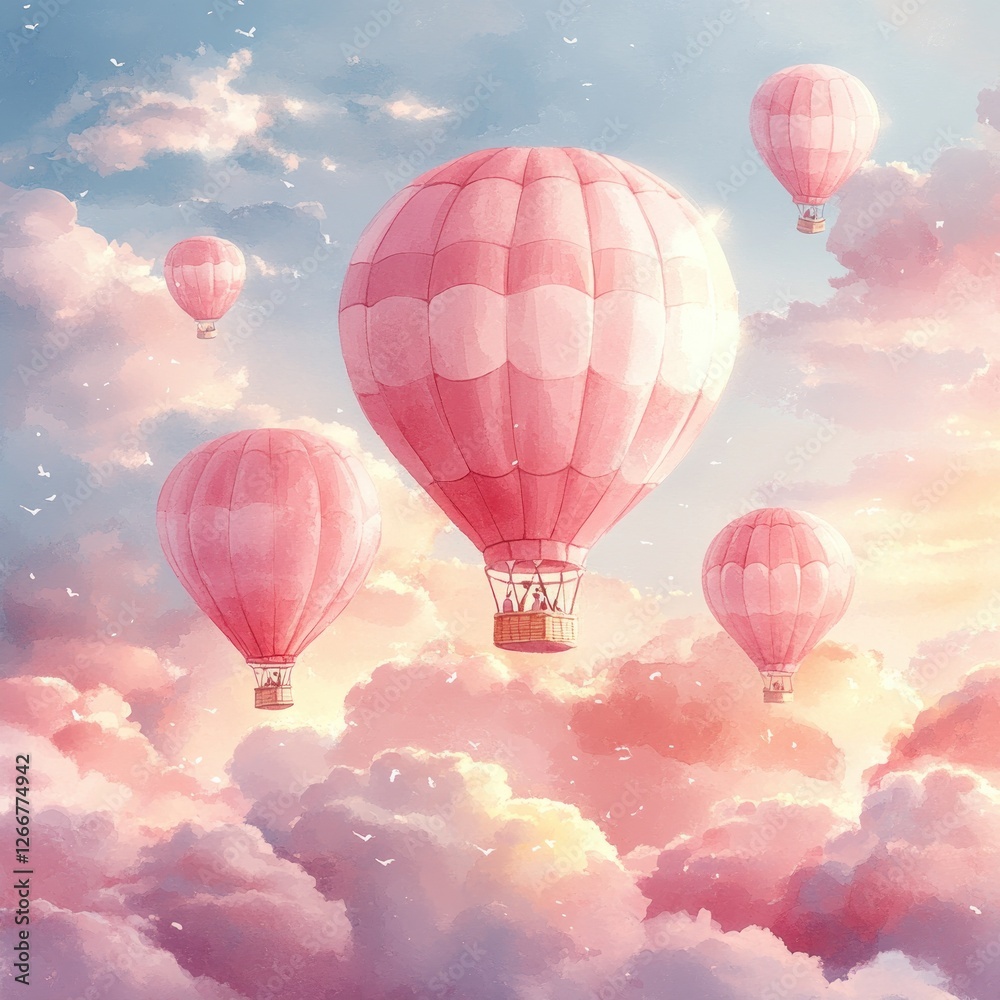 Obraz premium Whimsical Watercolor Hot Air Balloon Pattern with Clouds and Rainbow for Baby Nursery Decoration