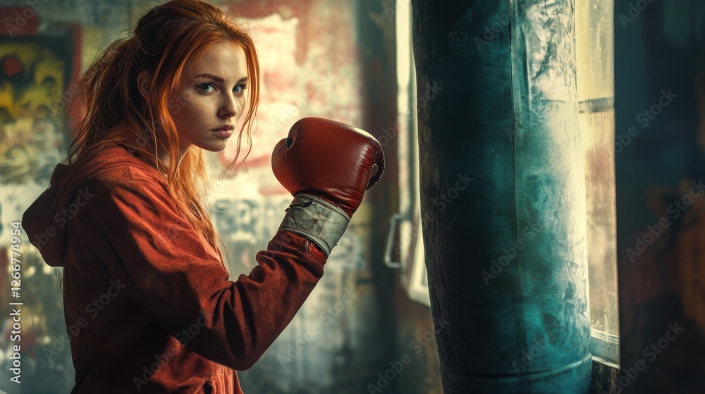 Obraz premium fierce female boxer training in abandoned gym