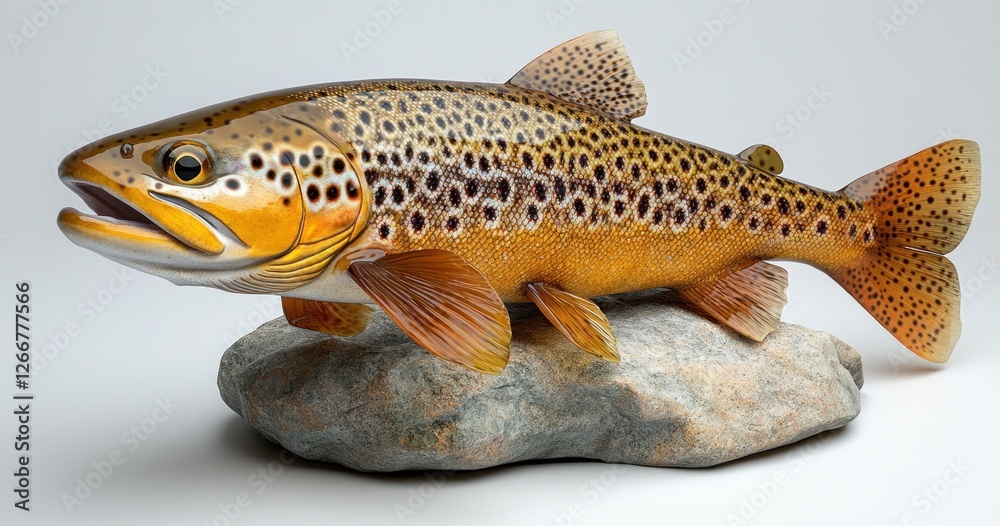 Hyper-realistic brown trout fish Salmo trutta in profile view isolated on white background Hyper-realistic brown trout fish Salmo trutta in profile view isolated on white background