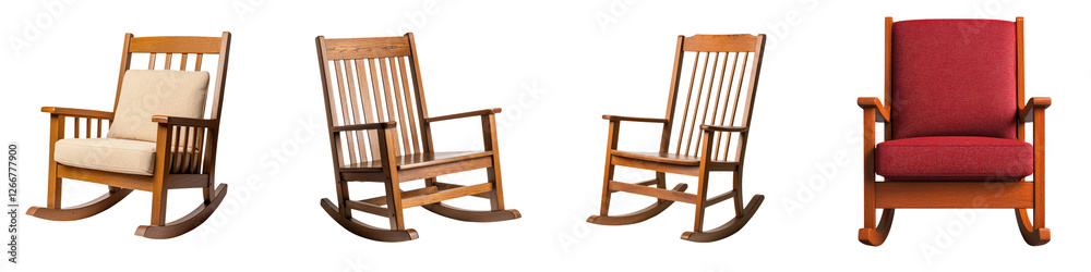 Assortment of wooden rocking chairs in various styles including classic vintage and modern designs providing comfort and relaxation in cozy indoor spaces such as living rooms and bedrooms Assortment of wooden rocking chairs in various styles including classic vintage and modern designs providing comfort and relaxation in cozy indoor spaces such as living rooms and bedrooms