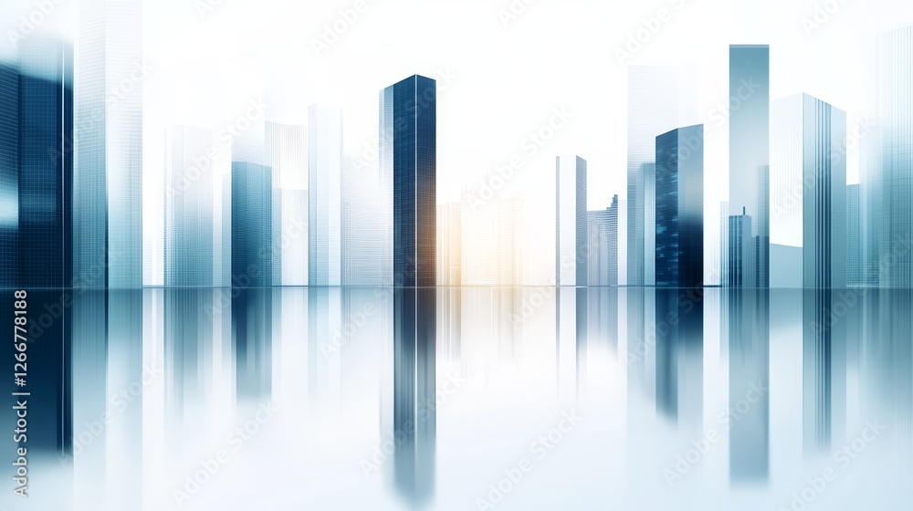 Abstract city skyline with reflective surfaces and soft lighting, creating a serene atmosphere Abstract city skyline with reflective surfaces and soft lighting, creating a serene atmosphere