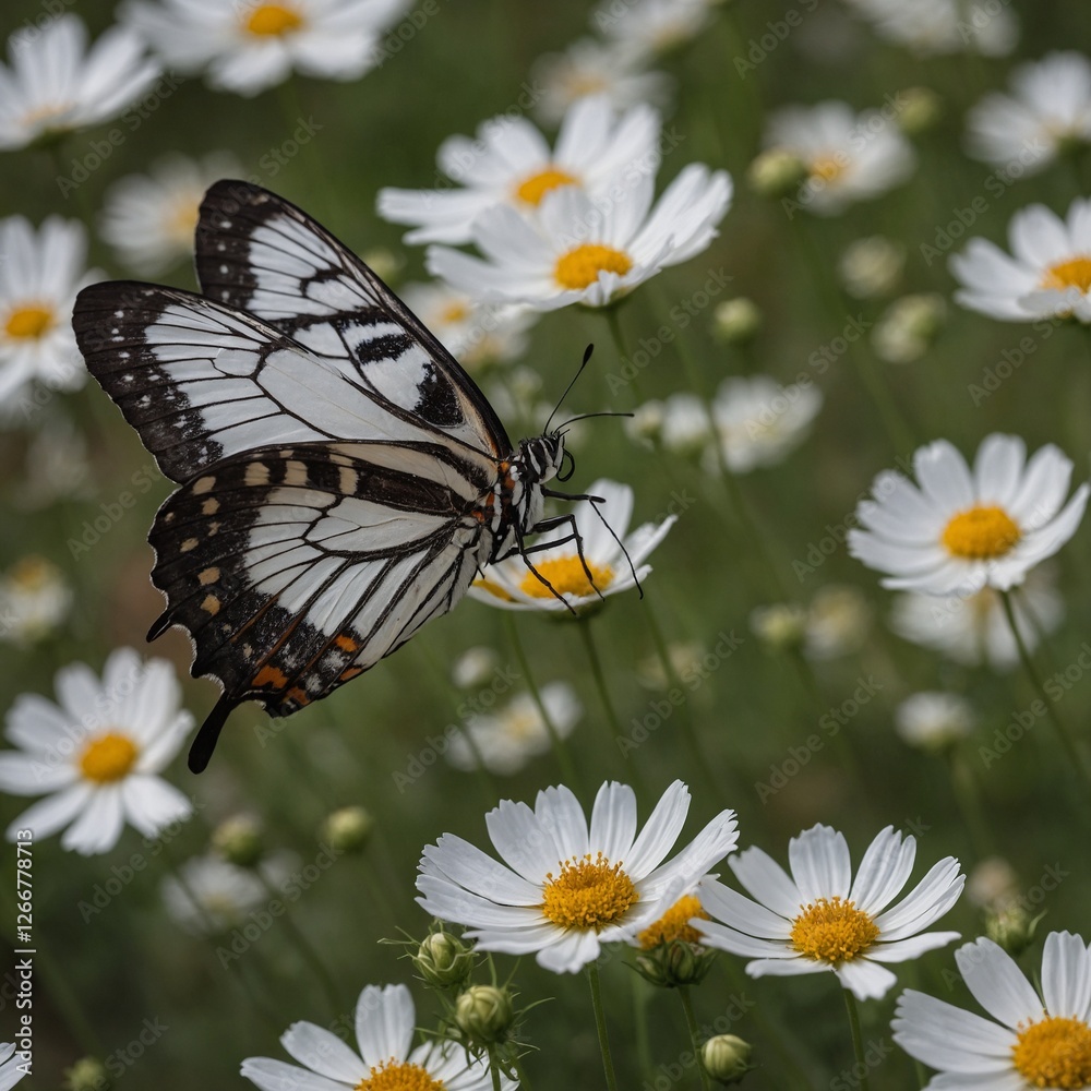 A butterfly perched on a white cosmos flower. A butterfly perched on a white cosmos flower.