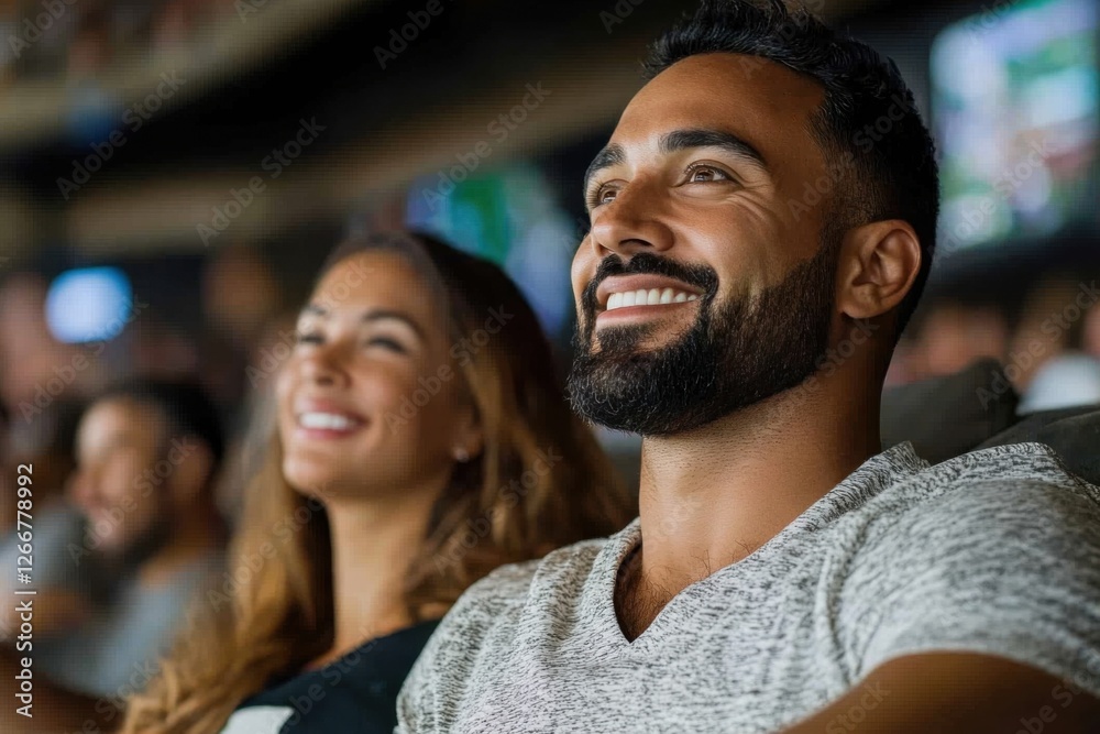 Fototapeta premium man and a woman are sitting in the stadium and watching the game. The man with the beard is smiling. Football or a concert of popular music. a married couple having fun together.