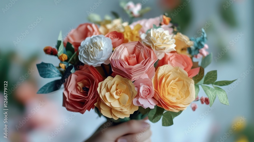 A hand is holding a bunch of paper flowers A hand is holding a bunch of paper flowers