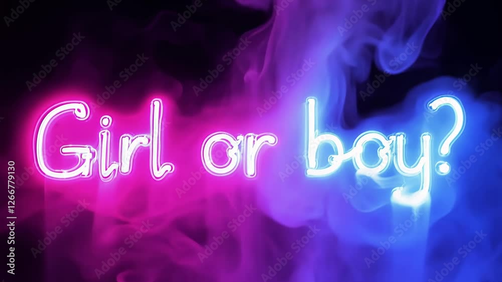 Glowing neon text 'Girl or boy?' in pink and blue, symbolizing a gender reveal theme with soft smoke effect Glowing neon text 'Girl or boy?' in pink and blue, symbolizing a gender reveal theme with soft smoke effect