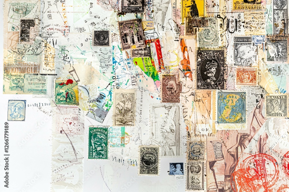 Fototapeta premium Artistic collage of vintage postage stamps from various eras and countries, featuring intricate designs and vibrant colors against a white backdrop.