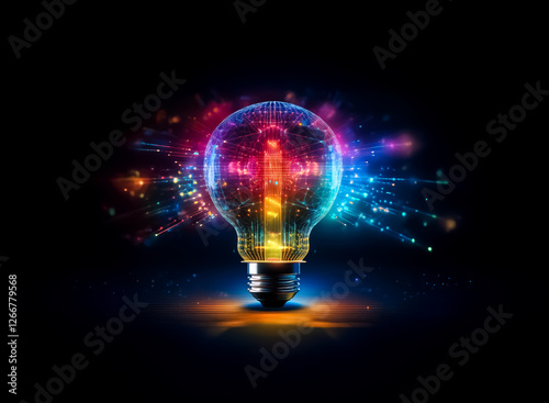 A radiant light bulb emits vibrant multicolored particles, illuminating the dark background, representing bright ideas and digital innovation.