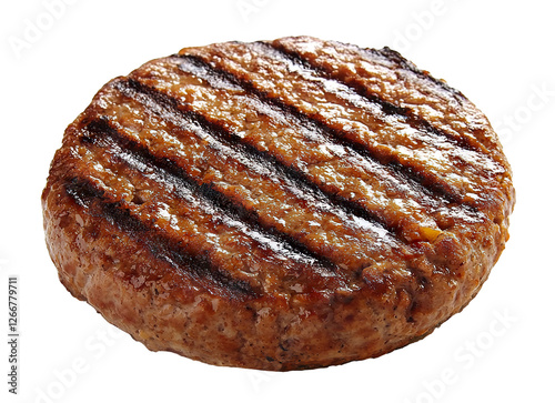 Perfectly cooked beef patty with grill lines, isolated on transparent cutout background