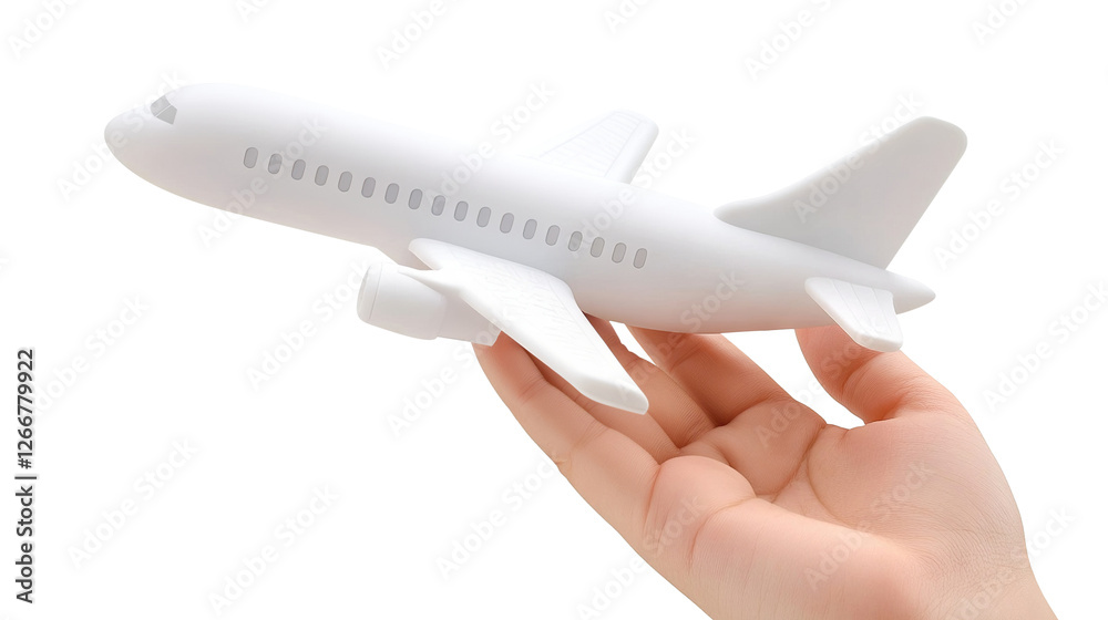Fototapeta premium Hand holding a miniature airplane, isolated on transparent cutout background