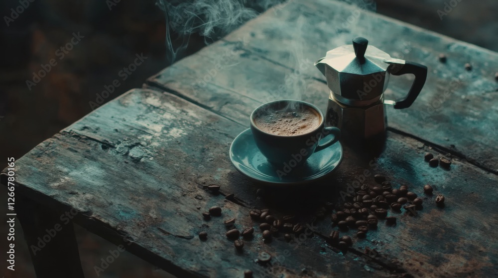 aromatic coffee brew on rustic wooden table aromatic coffee brew on rustic wooden table
