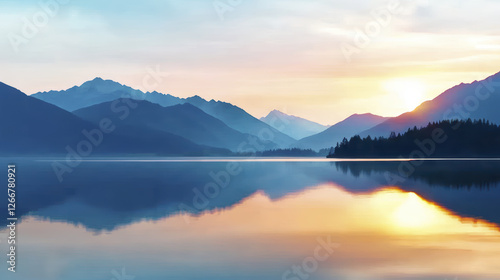tranquil lake scene at sunrise, surrounded by mountains and reflecting colors