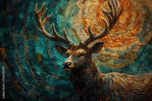 A majestic deer depicted in a stunning mosaic artwork, showcasing intricate details and vibrant colors. photo
